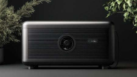 A sleek black projector sits elegantly on a table, flanked by lush green plants, creating a modern atmosphere perfect for home theaters or creative office spaces.の素材