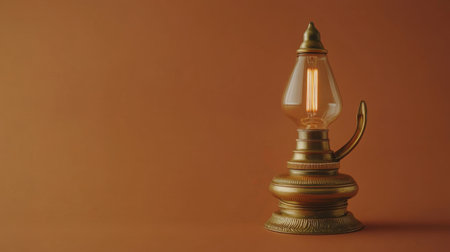 This vintage brass oil lamp features a glowing filament bulb, set against a warm orange background. It creates a cozy atmosphere ideal for home decor and photography.の素材