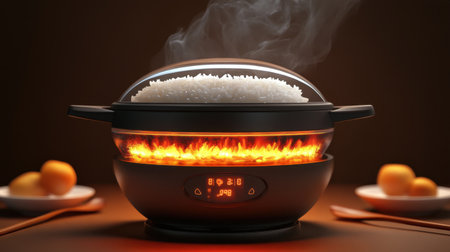A sleek electric rice cooker sits in a cozy kitchen, filled with fluffy white rice, with steam rising and flames glowing underneath, highlighting modern cooking design.の素材