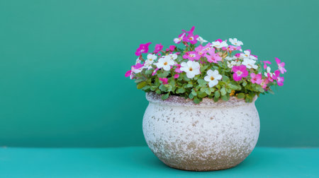 A charming potted flower arrangement featuring vibrant pink and white blooms. The soft colors contrast beautifully with the green background, creating a serene and inviting atmosphere.の素材
