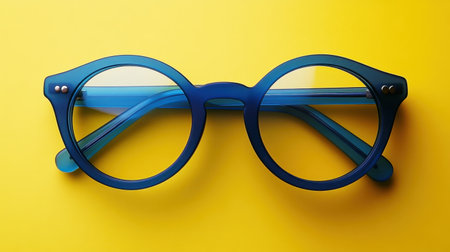 Vibrant blue round glasses set against a bold yellow backdrop. This stylish eyewear piece combines modern design with a playful aesthetic, perfect for fashion enthusiasts.の素材