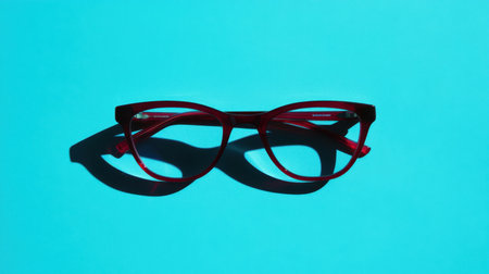 A striking pair of red glasses rests on a bold blue background, creating a contrast that highlights modern fashion trends. Perfect for advertising and creative projects.の素材