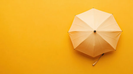 A stylish beige umbrella is positioned on a bright yellow background, creating a fresh and cheerful atmosphere ideal for modern design and artistic projects.の素材