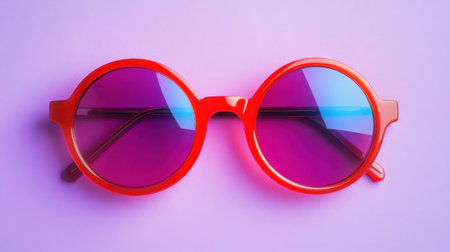 This image features round red sunglasses with purple lenses on a soft purple background. Perfect for fashion projects, summer themes, or trendy accessory promotions.の素材