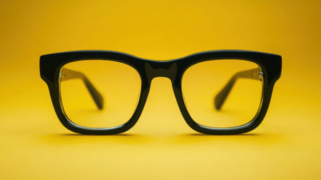 A pair of stylish black glasses frames is showcased against a bright yellow background. Perfect for capturing trendy fashion, eyewear, or artistic photography concepts.の素材
