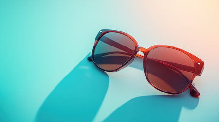 A pair of stylish red sunglasses rests on a soft gradient background, casting long shadows. This image captures the essence of summer and modern fashion trends.の素材