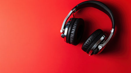 Stylish headphones resting on a bold red background, perfect for music enthusiasts and professionals. Ideal for showcasing sound quality and modern design aesthetics.の素材