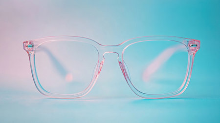 A pair of stylish transparent pink glasses with clear lenses stands out against a soft gradient background, representing modern fashion and visual clarity in accessories.の素材