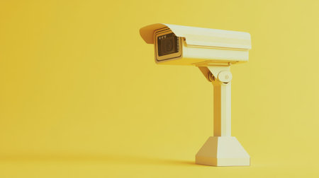 A bright yellow surveillance camera stands on a simple base against a vibrant yellow backdrop, symbolizing modern technology in security and protection settings.の素材