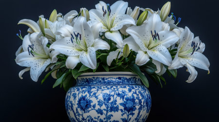 A stunning display of white lilies in a beautiful blue and white porcelain vase set against a dark background, perfect for enhancing a serene atmosphere in any space.の素材