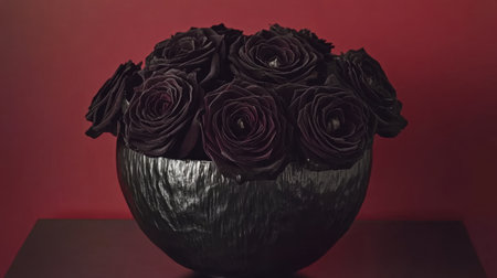 A stunning display of black roses in an artful black vase creates a captivating look in this modern floral design. The deep red backdrop enhances the beauty and elegance.の素材