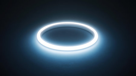 A captivating glowing ring light casts a soft blue hue in a dark environment, perfect for artistic inspiration and modern decor, creating a serene and mystical vibe.の素材