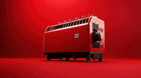 A striking industrial heat generator stands on a vivid red background, showcasing modern technology suitable for workshops and heating systems, emphasizing performance and efficiency.の素材