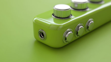 This close-up image features modern audio equipment in glossy green with chrome knobs, ideal for themes of music production, innovation, and sleek technology.の素材