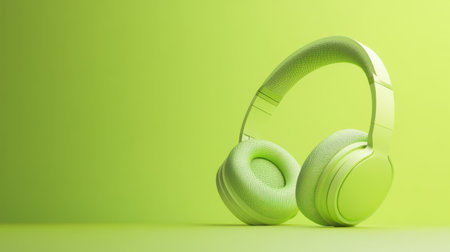 Stylish bright green headphones resting against a smooth background, highlighting modern design and comfort for music enjoyment and artistic expression in audio.の素材