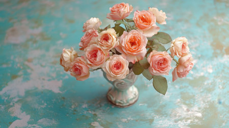 A stunning bouquet of soft pink roses in a vintage vase sits on a textured teal surface, creating an inviting and romantic atmosphere suitable for various decor needs.の素材