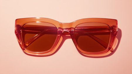 Fashionable orange sunglasses lay flat against a soft pink background, showcasing a blend of modern design and playful elegance. Ideal for summer styling and accessories.の素材