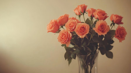 A stunning display of orange roses arranged in a clear glass vase, perfect for brightening up any space or serving as a heartfelt gift for loved ones.の素材