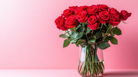 A stunning arrangement of fresh red roses in a clear glass vase, set against a soft pink background, ideal for celebrating love and adding elegance to any decor.の素材