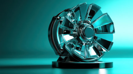 This captivating image features a transparent turbine wheel illuminated by enchanting lighting, showcasing intricate details and modern design in a striking presentation.の素材