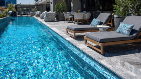 A serene outdoor pool area featuring comfortable lounge chairs beside vibrant blue water. Ideal for relaxation and enjoying sunny days in a luxurious setting.の素材