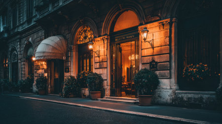 Stunning hotel entrance showcasing classic architecture and warm lighting. Ideal for travel enthusiasts seeking a touch of elegance in city nights.の素材
