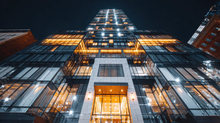 Captivating view of a modern skyscraper at night, featuring a stunning glass facade illuminated by warm lights that enhance the contemporary architectural beauty.の素材