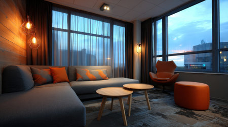 A modern living room featuring a plush gray sofa, stylish coffee tables, and an inviting orange chair, all under warm evening light with a city skyline backdrop.の素材