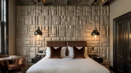 A luxurious modern hotel bedroom featuring a textured wall, stylish bedding, and warm lighting, perfect for a cozy getaway or an elegant retreat experience.の素材
