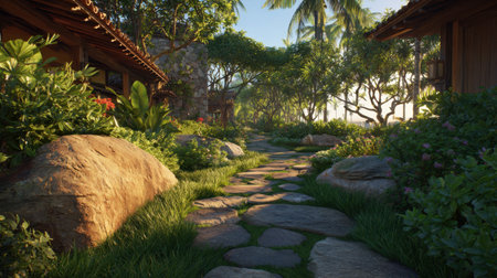 A picturesque garden path invites exploration, surrounded by lush tropical plants and curated stone arrangements, creating a serene and tranquil atmosphere.の素材