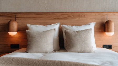 Experience comfort in this modern bedroom featuring soft pillows, warm lighting, and elegant textiles. A perfect retreat for relaxation and tranquility.の素材