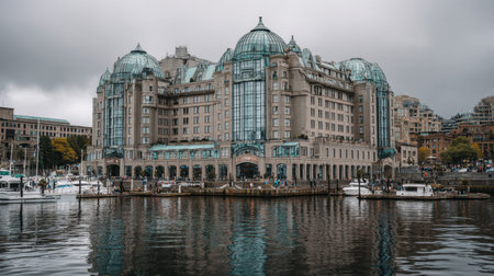 A stunning waterfront scene featuring elegant buildings with distinctive architectural designs and reflections on calm waters, ideal for urban landscape enthusiasts.の素材