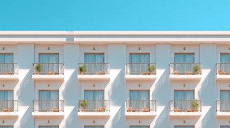 This image features a contemporary hotel exterior with multiple balconies and large windows, all set against a vibrant blue sky. The modern design emphasizes minimalism and tranquility.の素材