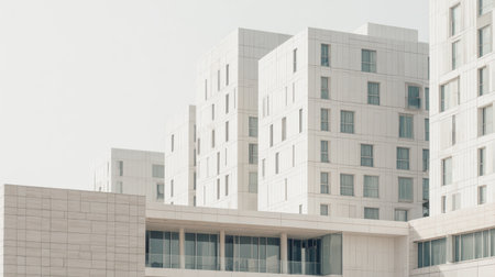 Contemporary architecture showcasing a white building with large windows and geometric forms, emphasizing minimalistic design in an urban setting under a clear sky.の素材