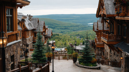 Captivating view of rustic mountain chalets set against a lush green valley and forested hills, creating a perfect backdrop for a peaceful retreat in nature.の素材