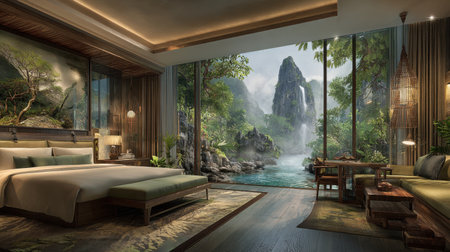A stunning modern bedroom offers breathtaking views of a peaceful tropical landscape with mountains and water, designed for relaxation and nature lovers.の素材