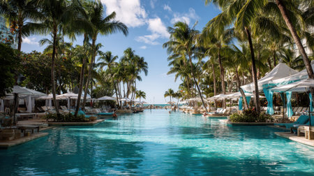 A stunning tropical pool oasis featuring clear blue water, surrounded by lush palm trees and luxurious cabanas, offering a peaceful retreat in a picturesque landscape.の素材