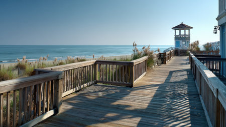 A beautiful wooden boardwalk leads to a stunning ocean view, surrounded by lush vegetation. This serene scene captures the essence of beach tranquility and relaxation.の素材