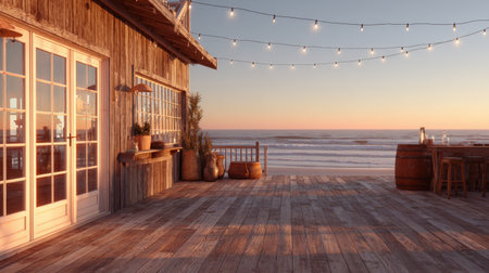 A tranquil coastal deck at sunset featuring rustic wood, string lights, and stunning beach views. Perfect for gatherings or peaceful evenings by the ocean.の素材