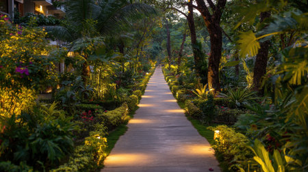 A beautiful garden pathway lined with soft lights showcases a lush tropical landscape. This serene scene invites relaxation and exploration in a peaceful outdoor environment.の素材
