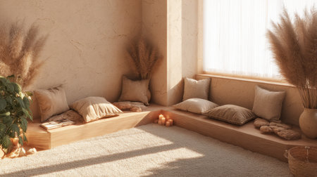 Embrace tranquility in this serene indoor space filled with natural materials, warm tones, and cozy seating, designed for relaxation and peaceful moments.の素材