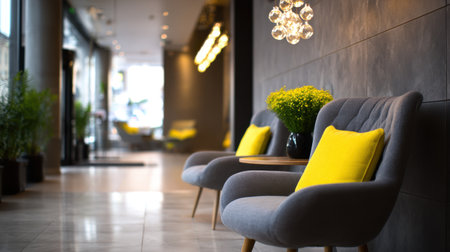 A stylish hotel lobby showcasing modern armchairs with yellow pillows, soft ambient lighting, and fresh flowers, creating a welcoming atmosphere for guests.の素材