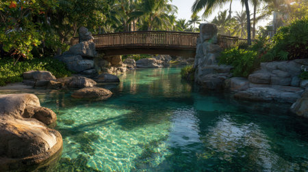 Explore a tranquil tropical scene featuring a wooden bridge over crystal-clear water. Lush greenery and palm trees create a perfect atmosphere for relaxation.の素材
