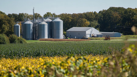 Captivating view of silos and farmland bordered by vibrant autumn foliage. The scene showcases the harmony between agriculture and nature, under a clear sky.の素材