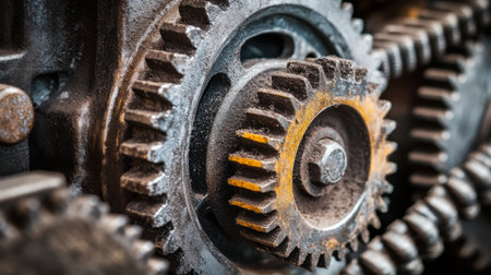 This close-up showcases a rusty gear mechanism with intricate metal details, highlighting the beauty and complexity of industrial design and engineering elements.の素材