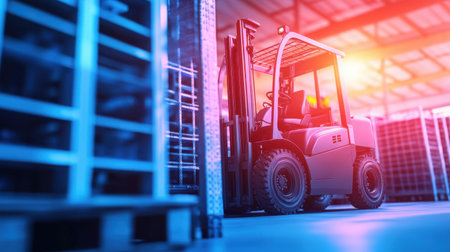 A modern forklift stands in a spacious warehouse aisle surrounded by stacked pallets, illuminated by soft blue lighting, showcasing industrial efficiency and storage solutions.の素材