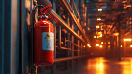 A prominent red fire extinguisher mounted on the wall of an industrial building, surrounded by pipes and blurred soft lights, symbolizing essential safety measures and preparedness.の素材