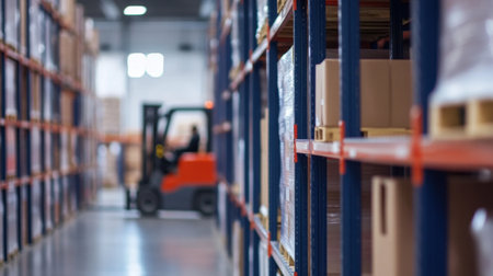 A modern warehouse showcasing a forklift navigating through organized aisles of well-stocked shelves, emphasizing efficient storage practices and operational workflow.の素材