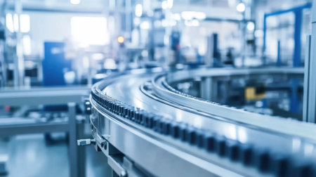 A modern manufacturing facility showcasing an automated conveyor belt system designed for efficient production and workflow, enhancing industrial operations and processes.の素材