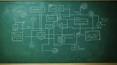 A detailed chalkboard diagram showcasing a complex workflow process and data flow. This illustration features various annotations and visual elements perfect for educational or business settings.の素材